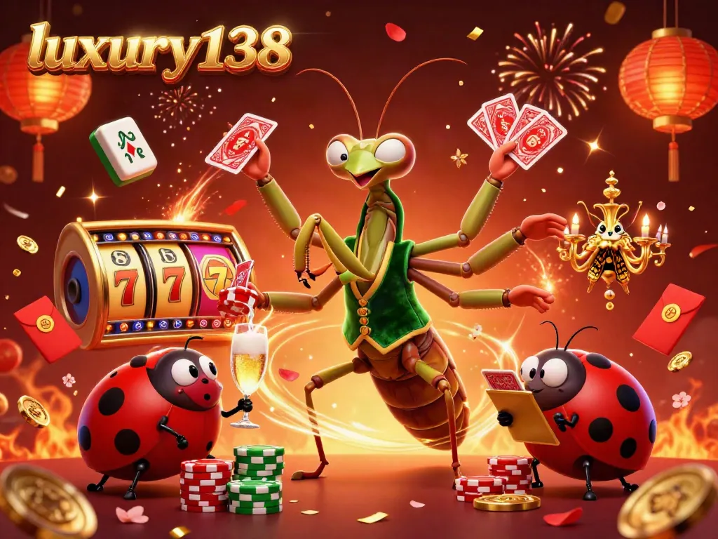 Experience luxury138 gaming action with a vibrant scene featuring card games, slot visuals, and dynamic casino elements.