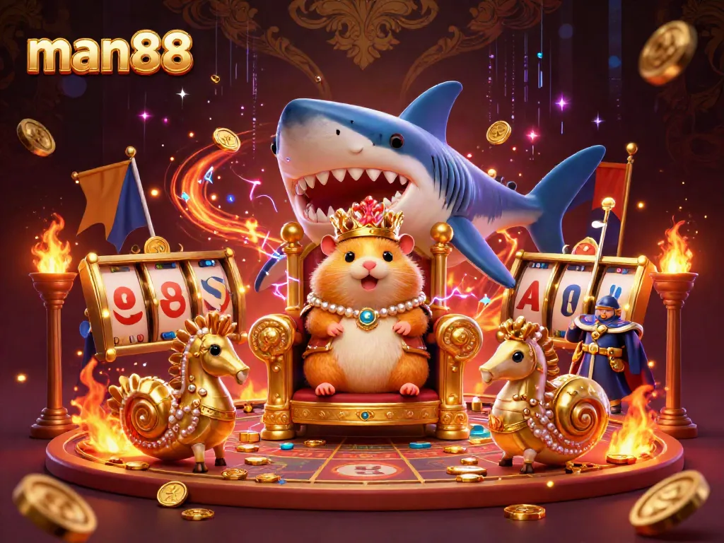 Engage in thrilling games at man88 as a golden hamster king reigns over an epic casino arena.