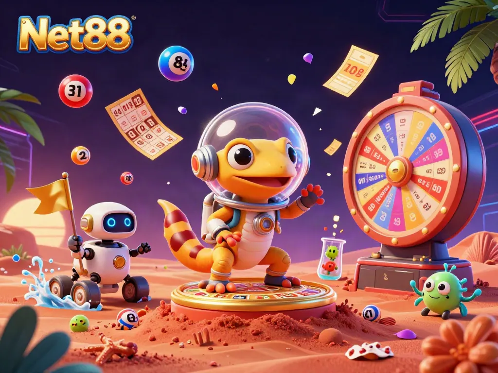 Net88 unveils a vibrant casino adventure featuring a Martian gecko and lottery elements.