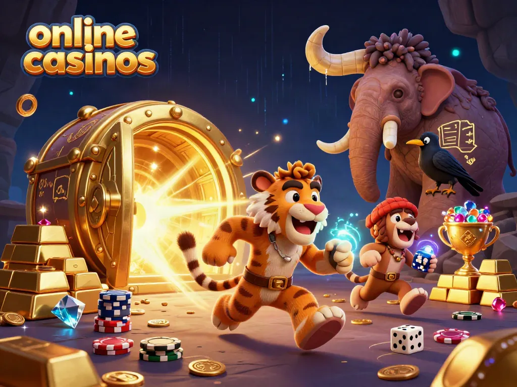 Engage in thrilling online casinos with a vibrant 3D scene of a prehistoric casino run by cartoon cavemen and treasures.