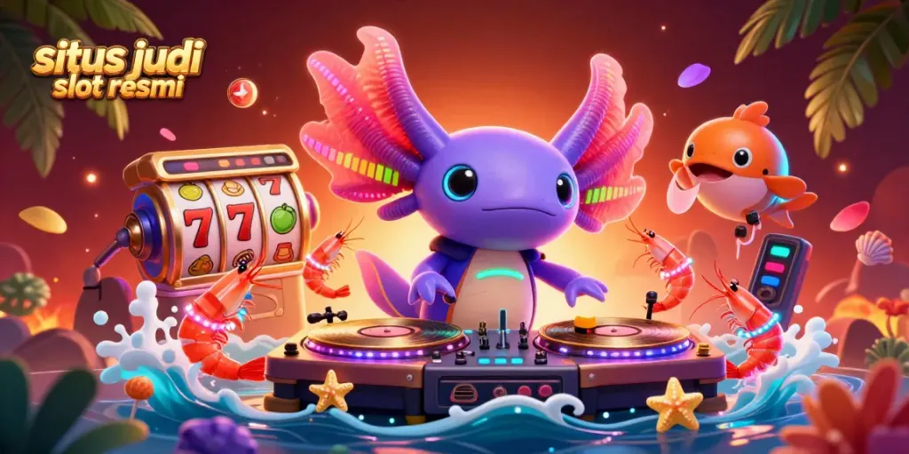 Experience excitement and fun in situs judi slot resmi with neon axolotl DJ and vibrant gaming elements.