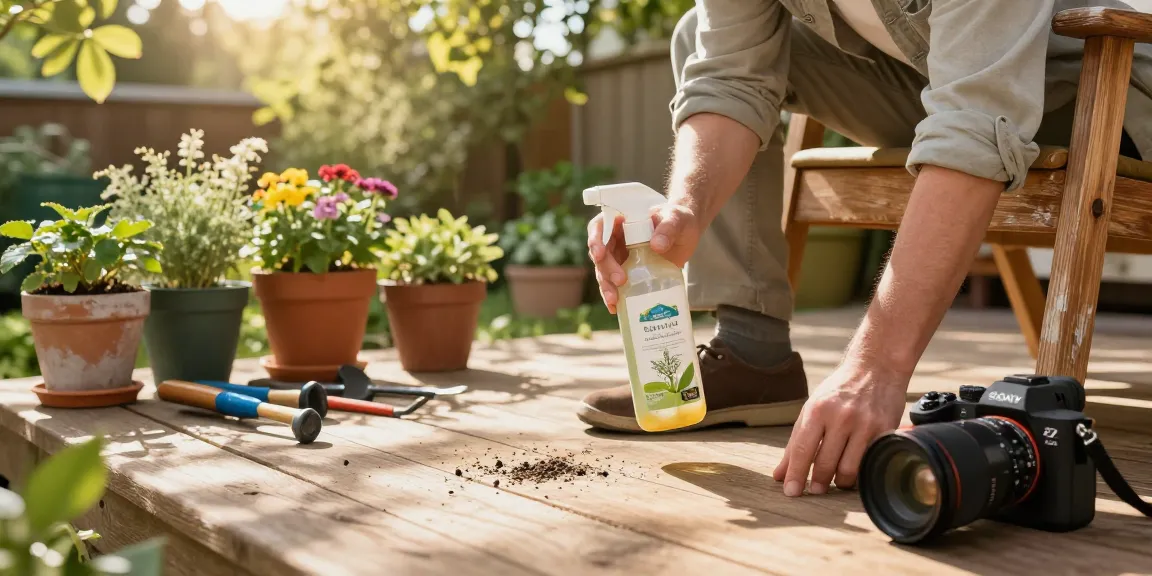 Homeowner applying Termite Control with Herb solution in garden for eco-friendly pest management.