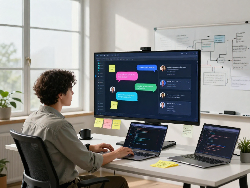Engaging workspace showcasing juicy chat AI interaction with professional using touchscreen.