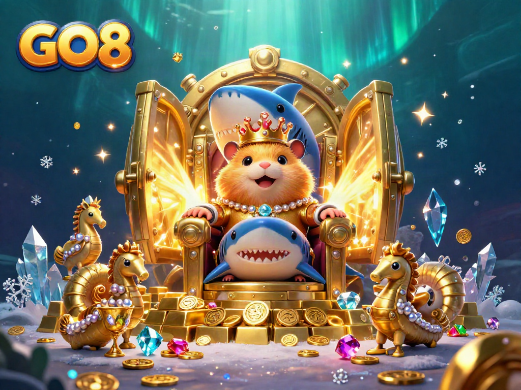 Experience the thrilling GO8 casino with a vivid underwater scene featuring a golden hamster king and treasures.