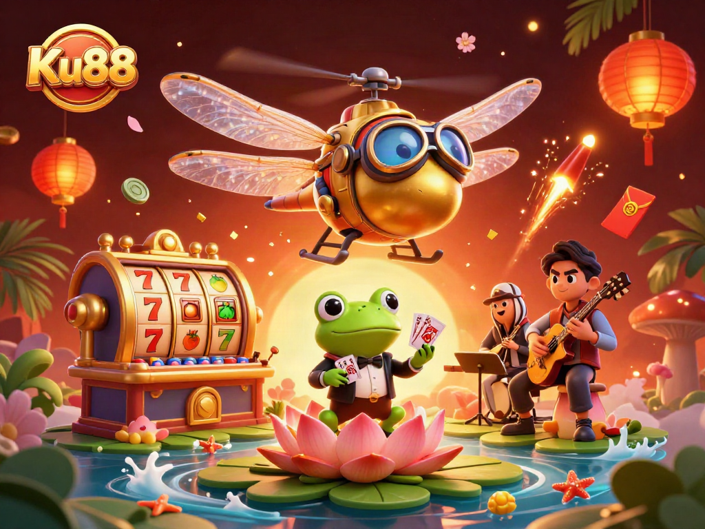 Experience winning thrills with Ku88 at a vibrant lily pad casino featuring a lively scene of characters.