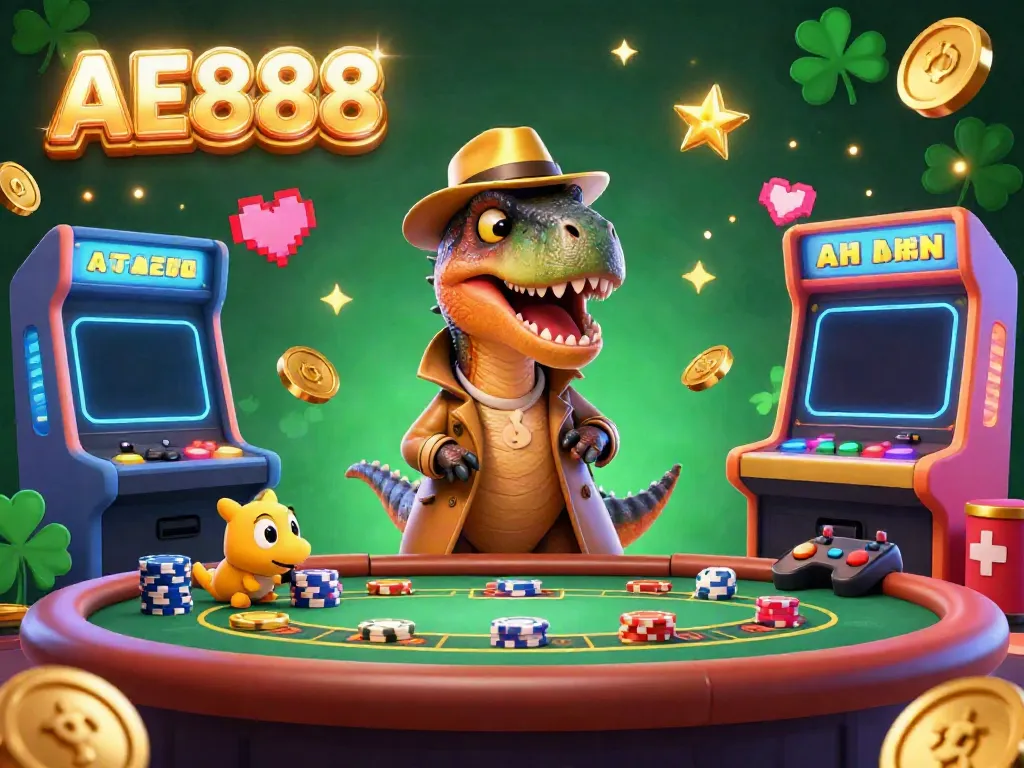 Join the fun at AE888 with a velociraptor card counter and vibrant casino elements.