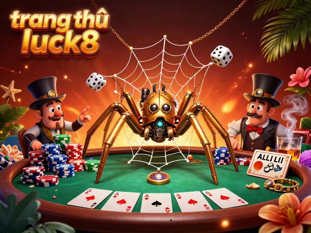 Activate your luck at trang chủ luck8 with a golden spider and poker-themed web illustration.