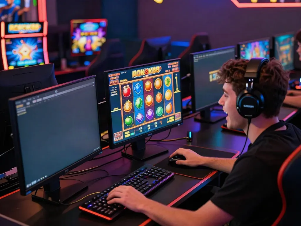 Player enjoying a thrilling rokok88 slot game on a modern gaming computer, vibrant setup.