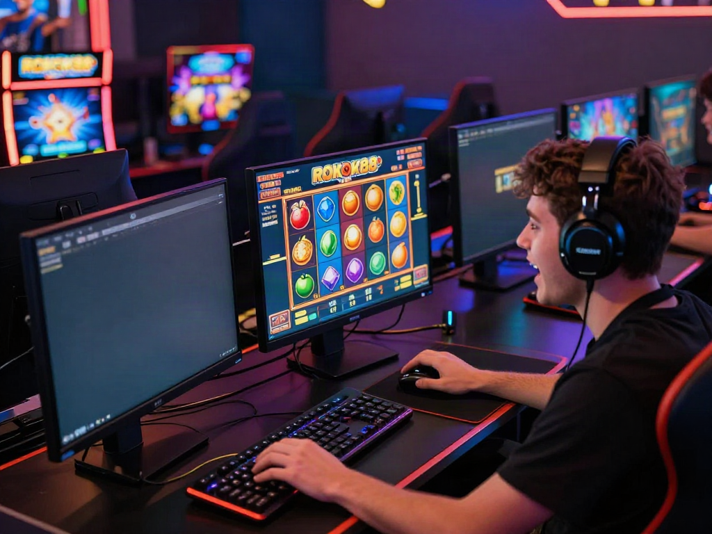 Player enjoying a thrilling rokok88 slot game on a modern gaming computer, vibrant setup.