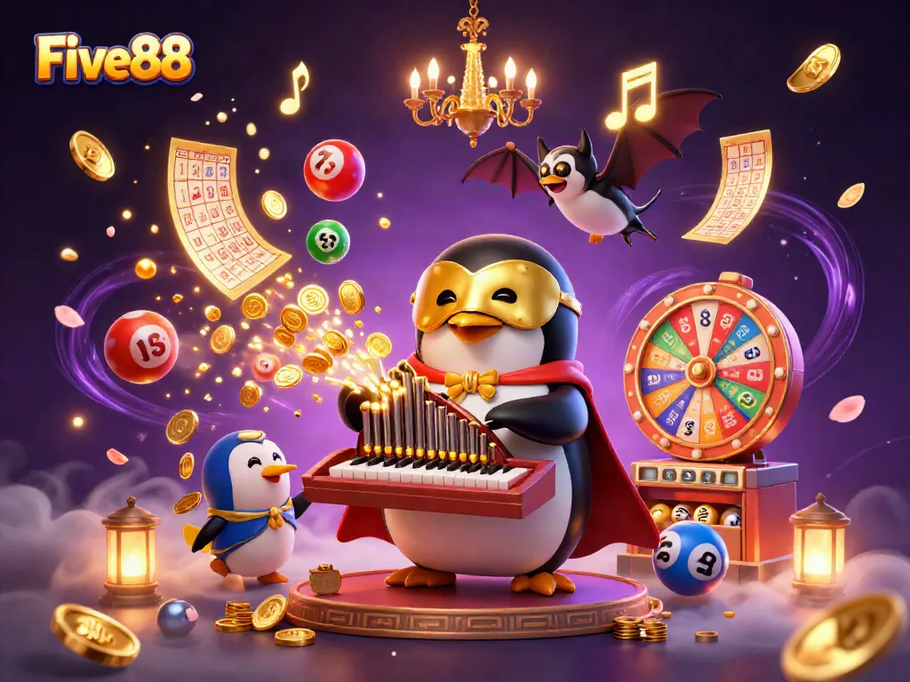 Experience thrilling gameplay at Five88 with colorful lottery balls and golden excitement in a dynamic casino scene.