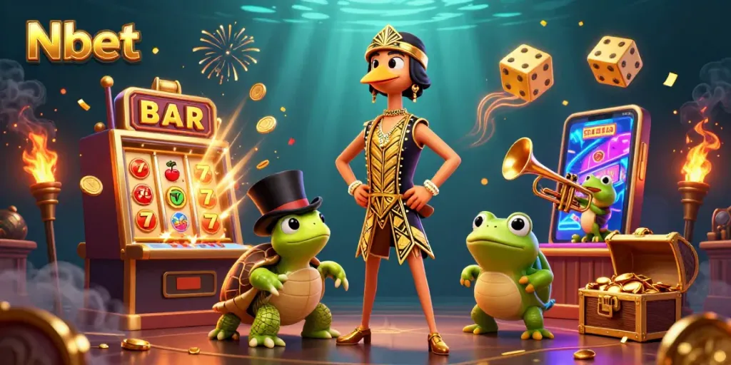 Nbet players enjoy a lively casino scene with a celebratory atmosphere full of slots and game elements.