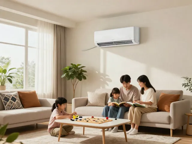 Family enjoying time in a living room with a stylish 24000 btu mini split air conditioner enhancing comfort.