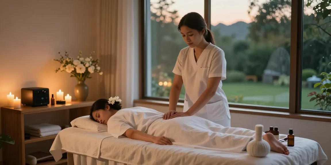 Relaxing 사당출장마사지 environment with therapist preparing a serene space for massage.