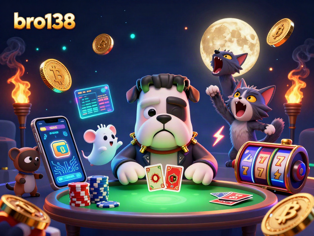 Engage with bro138 and enjoy thrilling card games at a spooky casino table with unique characters.