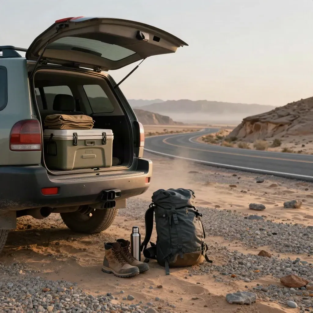 SUV at a desert overlook with road-trip gear, dawn mist, and mesas in soft light.