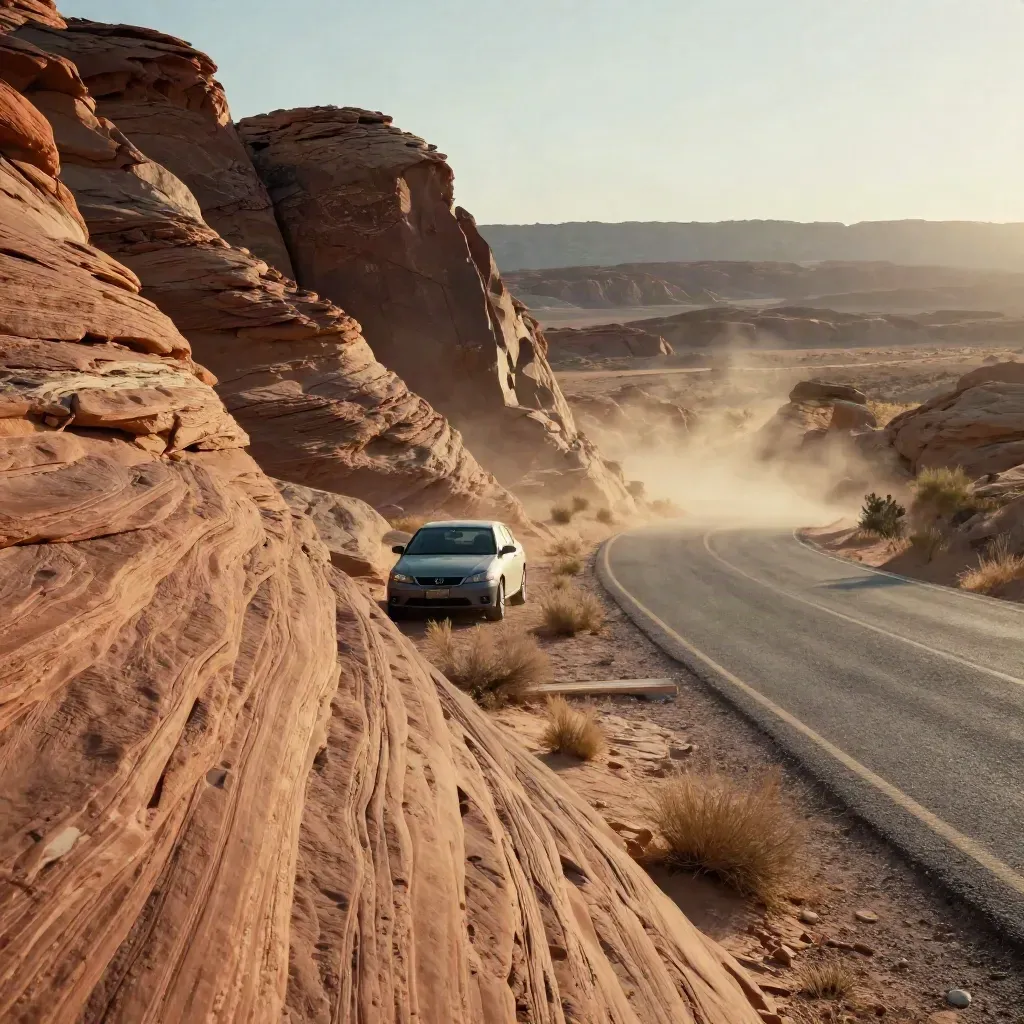 Red rock Utah pull-off with a parked sedan, desert scrub, and late-day heat haze.