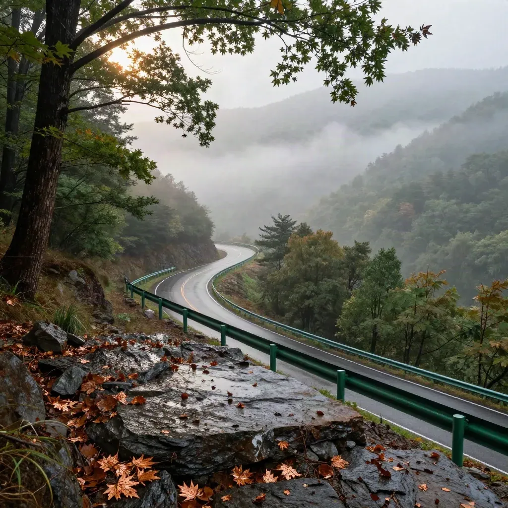 Foggy Blue Ridge overlook with autumn guardrails and a winding road below.