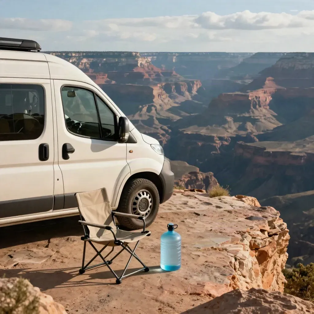 Camper van and camp chair overlook a hazy canyon as shadows slide across the rim.
