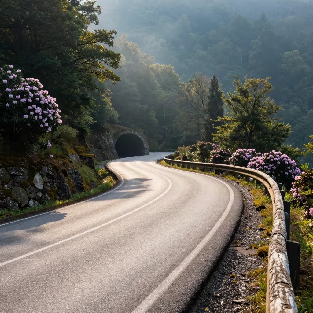 Smoky Mountains road curving through fog with rhododendron and tree tunnel.