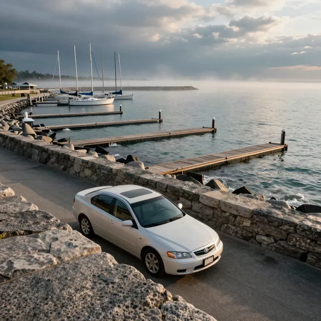 Pale sedan by a stone seawall with marinas and misty Great Lakes water under broken summer clouds.