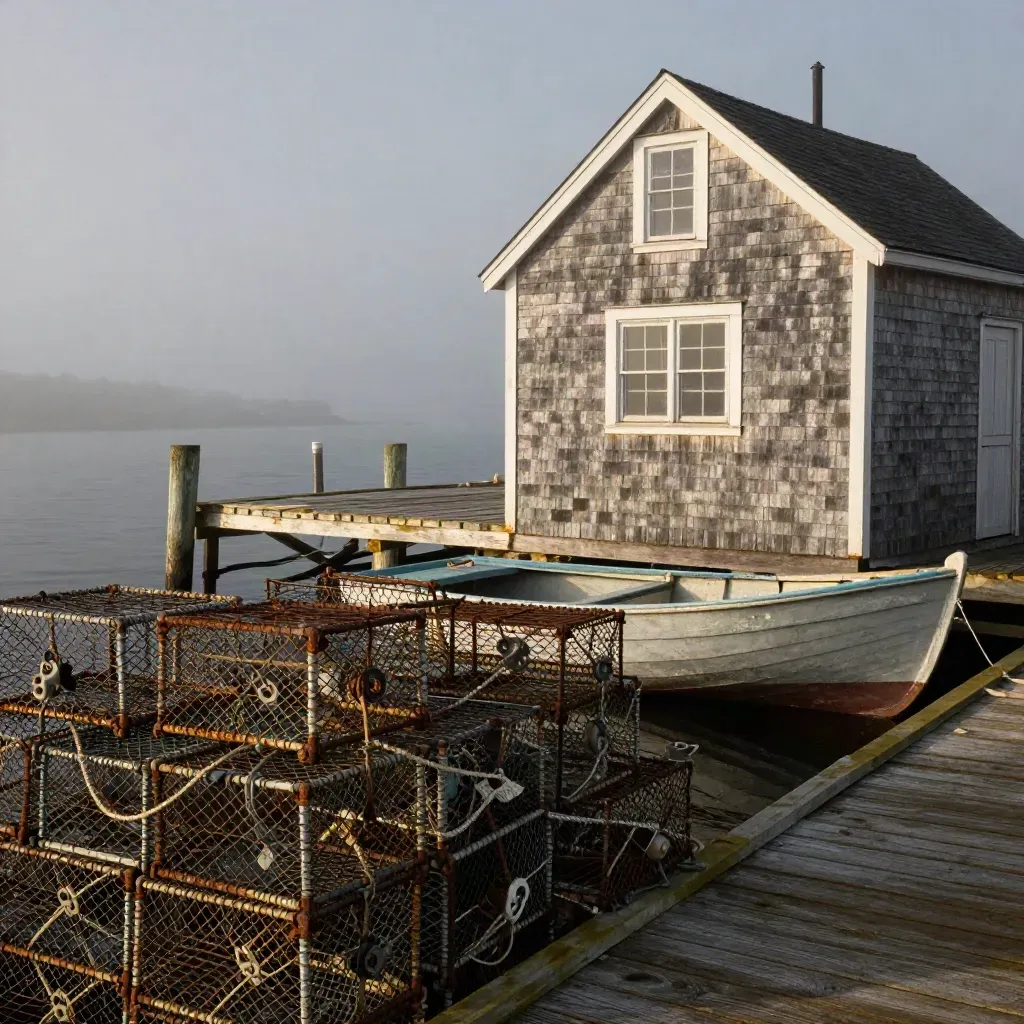 Fog threads through a quiet Maine harbor with lobster traps, a weathered shack, and a docked skiff.