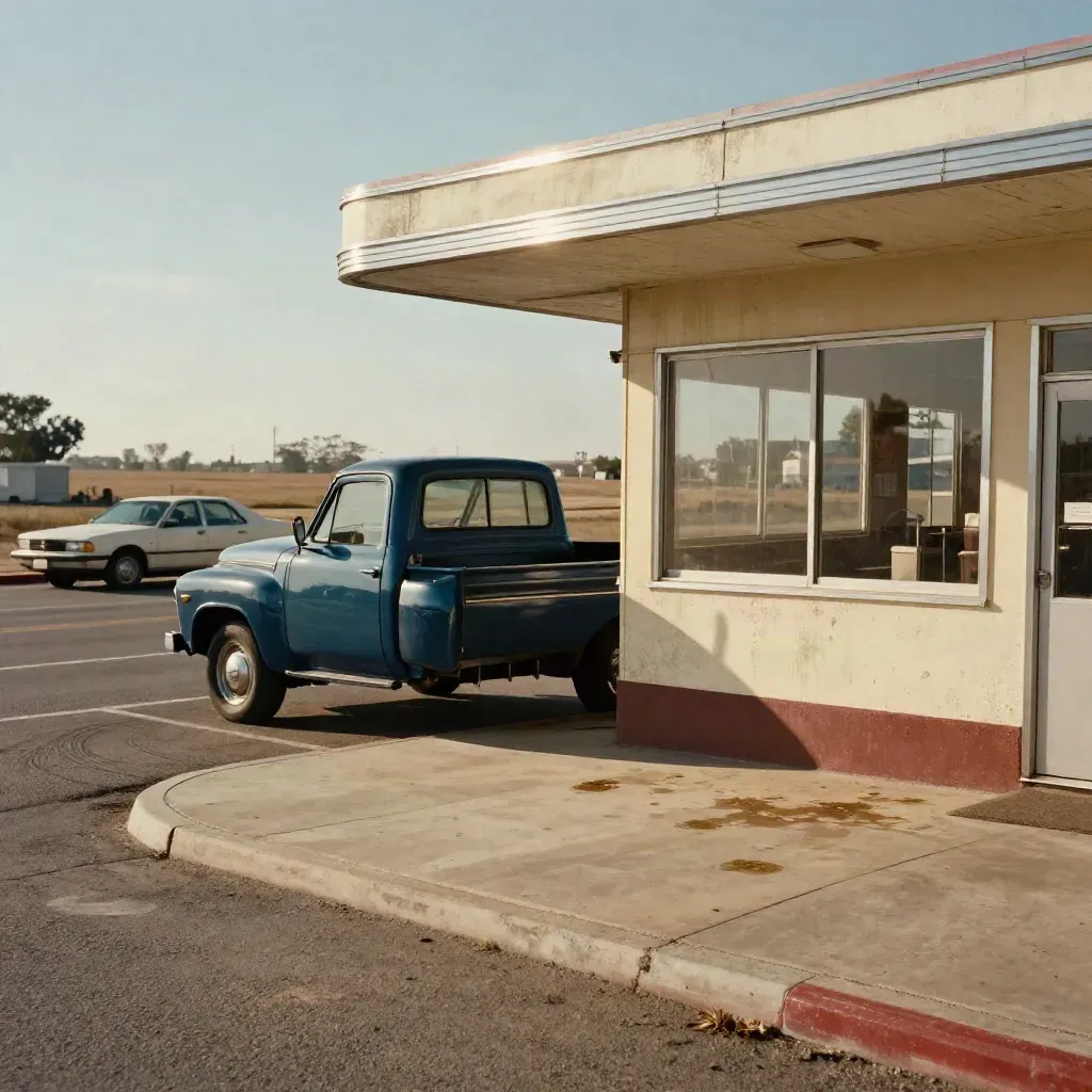 Route 66 diner, navy pickup, passing sedan, heat shimmer over worn concrete