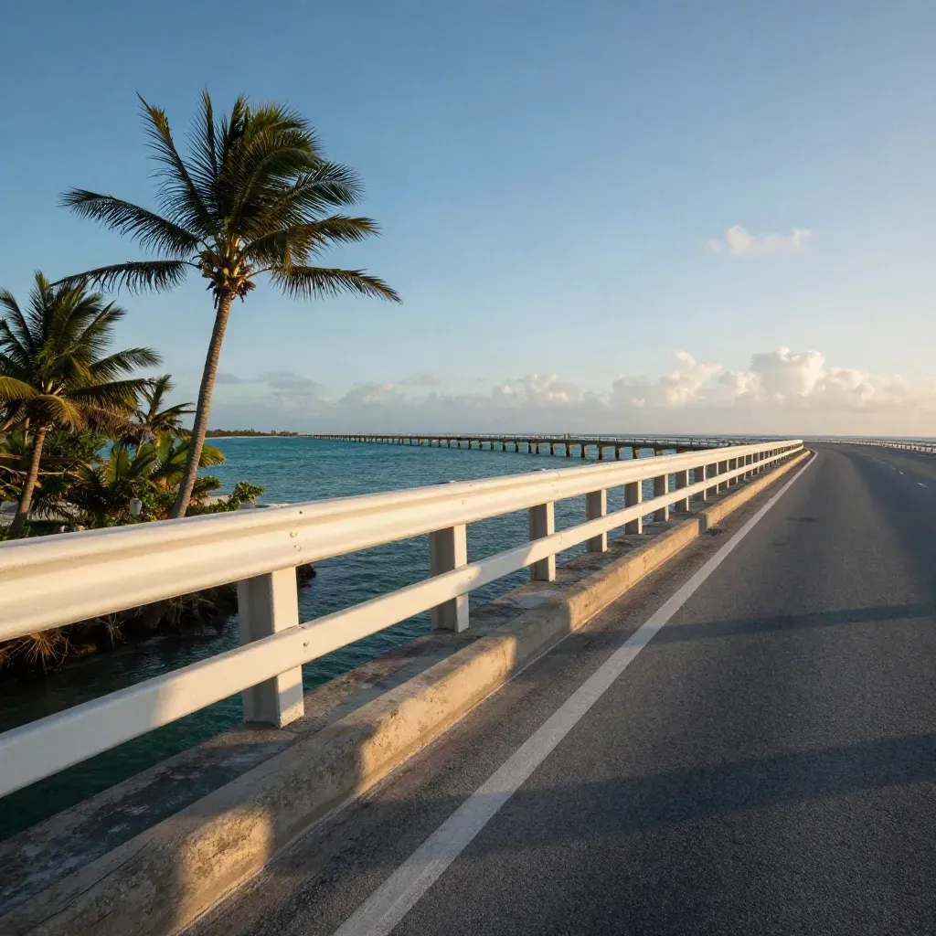 Florida Keys bridge over turquoise water with palms, white guardrail, and golden wind