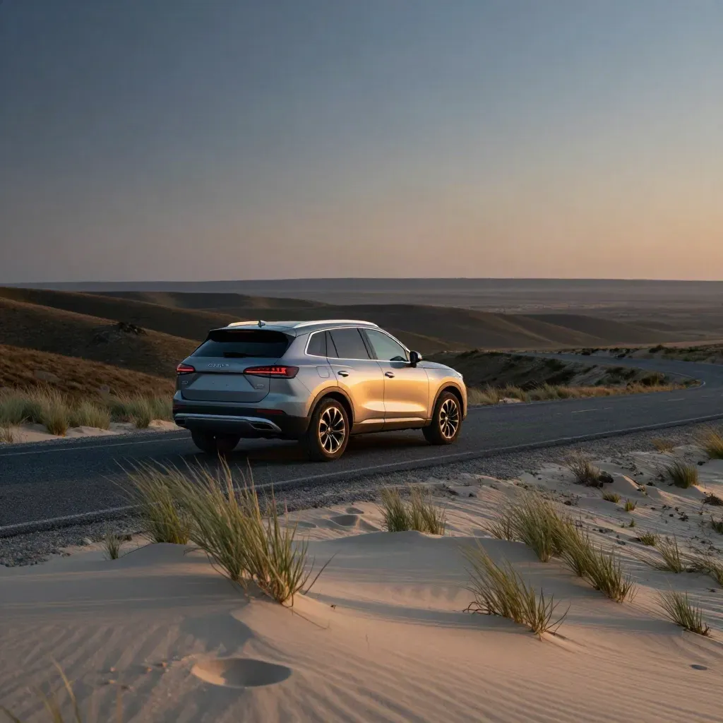 Lone SUV crests a sunset ridge road with sage grass, haze, and a cooling horizon.