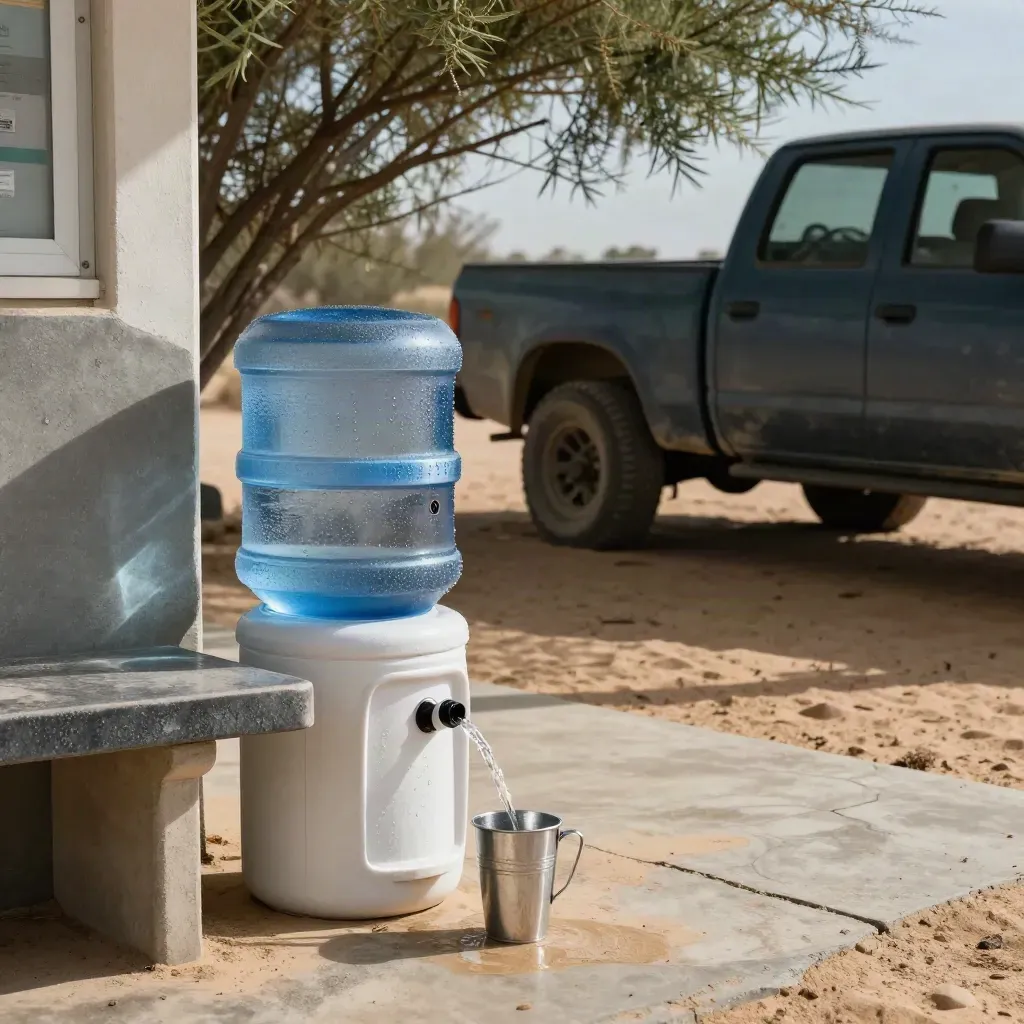Sky blue water cooler beside a concrete bench and pickup truck in desert shade
