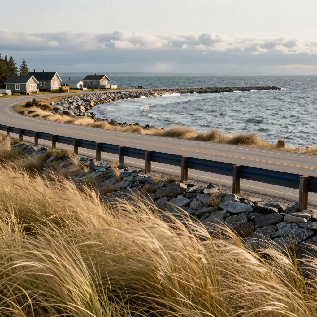 Bluff-top Great Lakes highway, breakwater, cottages, and misty slate water under clouds