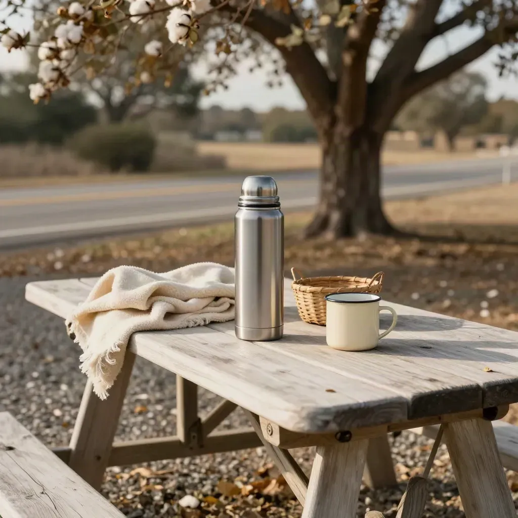 Picnic table with thermos, blanket and basket in cottonwood shade beside a blurred road