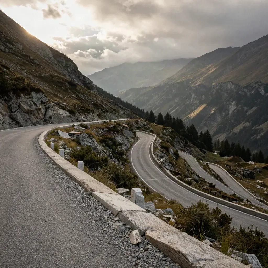 Low-angle alpine overlook with switchbacks, barriers, scrub, and drifting cloud haze.