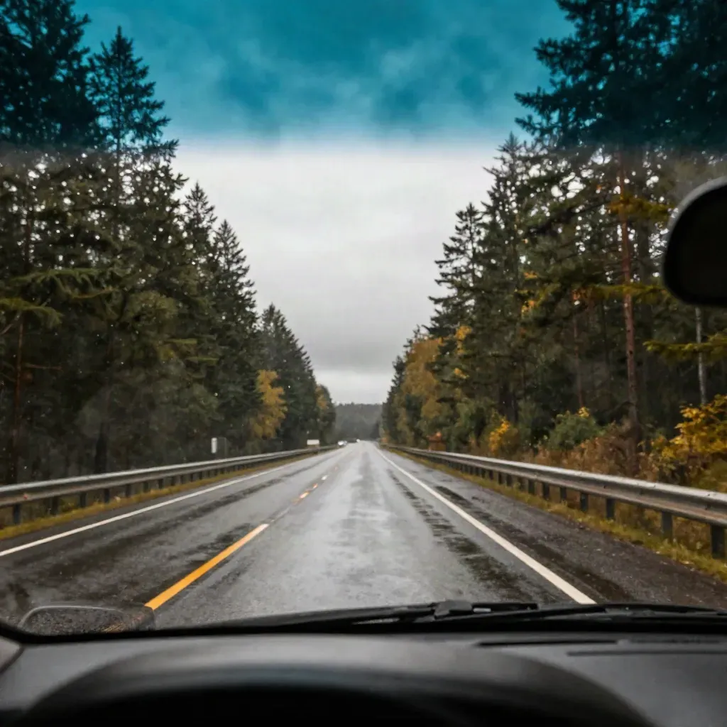 Rainy highway seen from back seat, wet road centered, conifers fading into mist and sky-blue reflections.