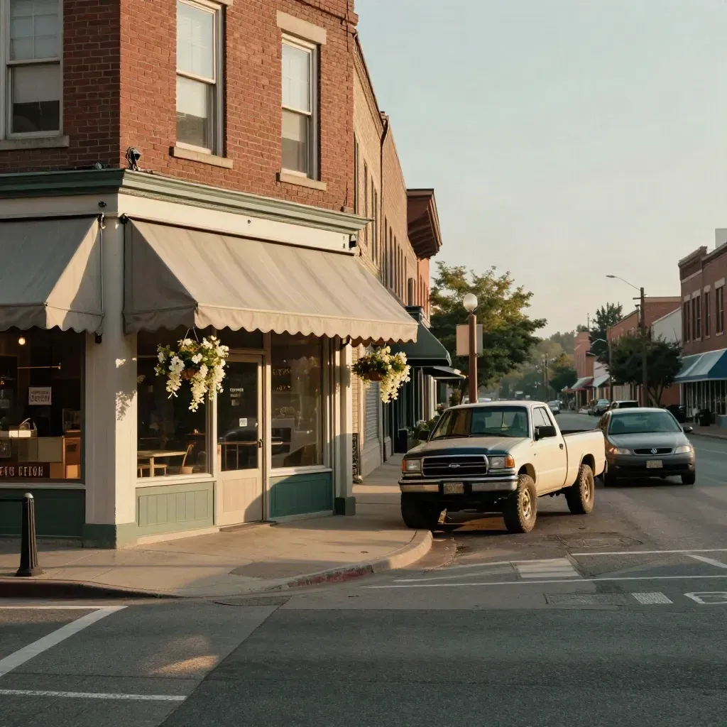 Brick main street cafe, parked pickup, and a car passing in morning light.