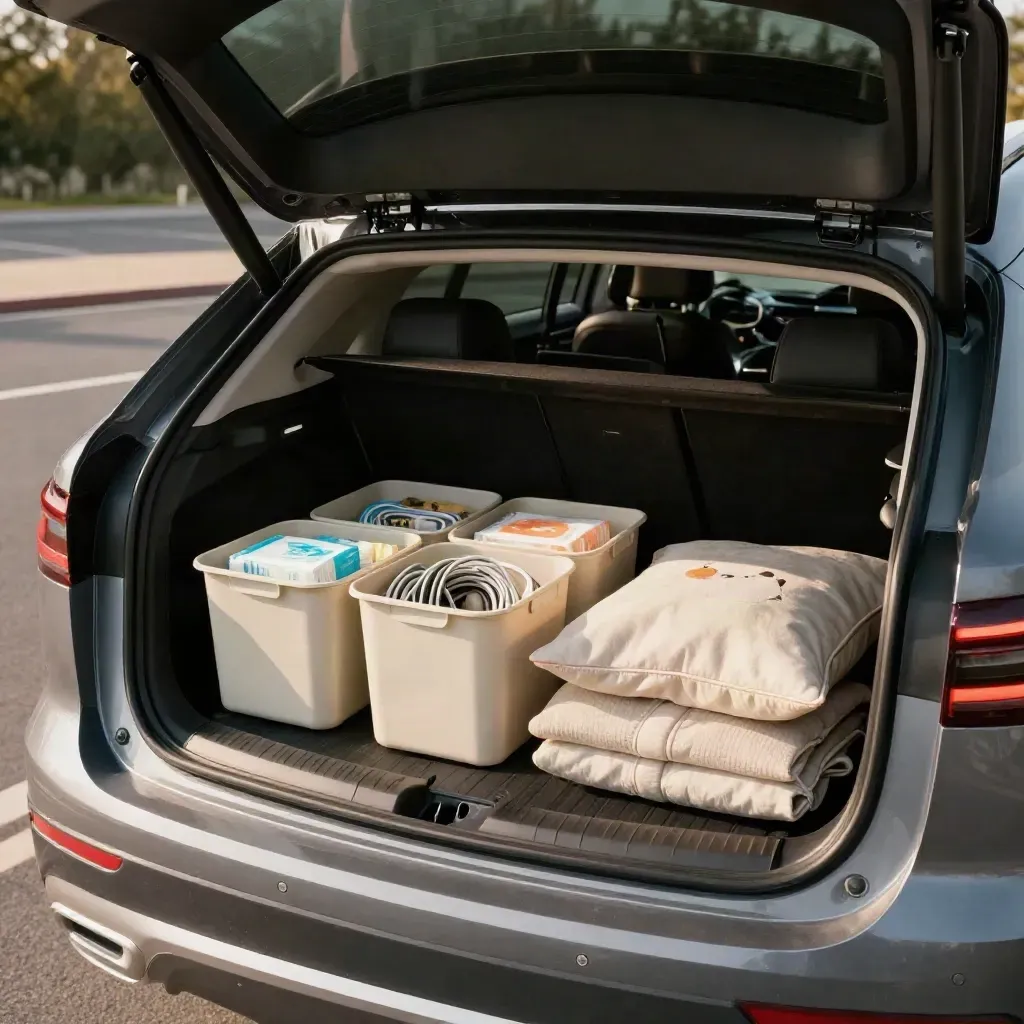 Open SUV trunk packed with family road-trip essentials: snacks, cables, wipes, hoodies, and a child pillow.