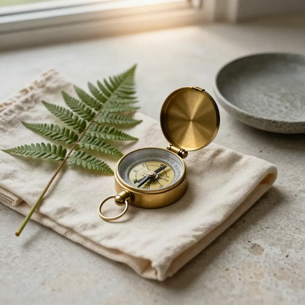 Brass trail compass with fern, folded canvas cloth, and stone dish on pale limestone.