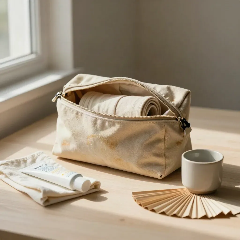 Open toiletry pouch with rolled tee, charger, sunscreen and ceramic cup on pale wood