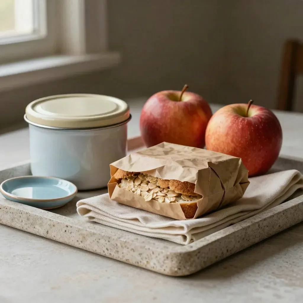 Enamel snack tin, apples, wrapped sandwich, linen napkin, and ceramic dish on a stone tray.