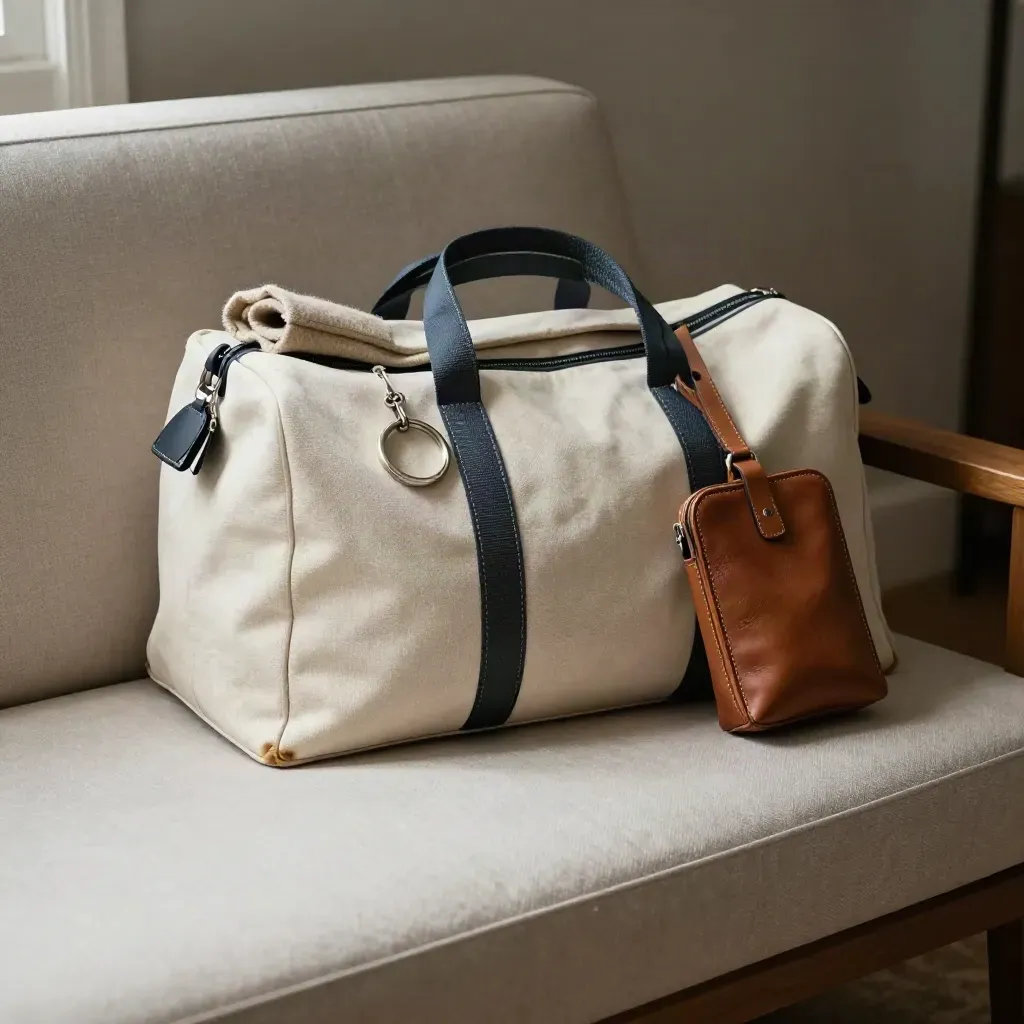 Canvas weekender bag with throw, key ring and leather pouch on a bench seat.