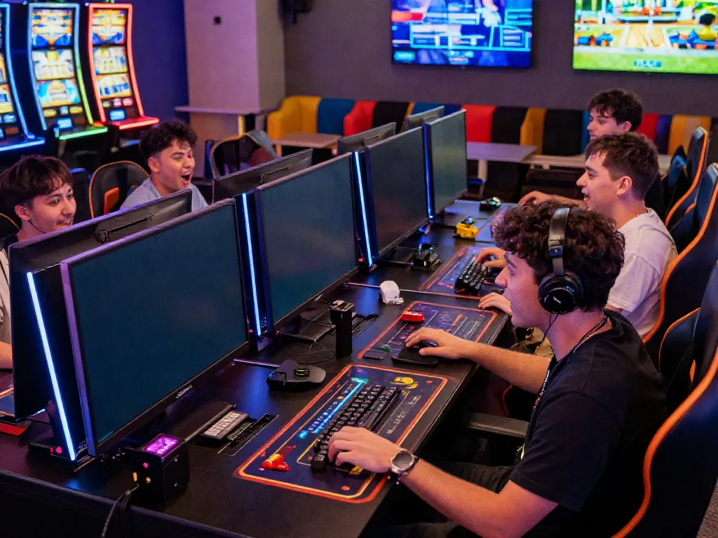 Engaging online gaming moment showcasing players enjoying the rokok88 link experience with vibrant gaming setup.