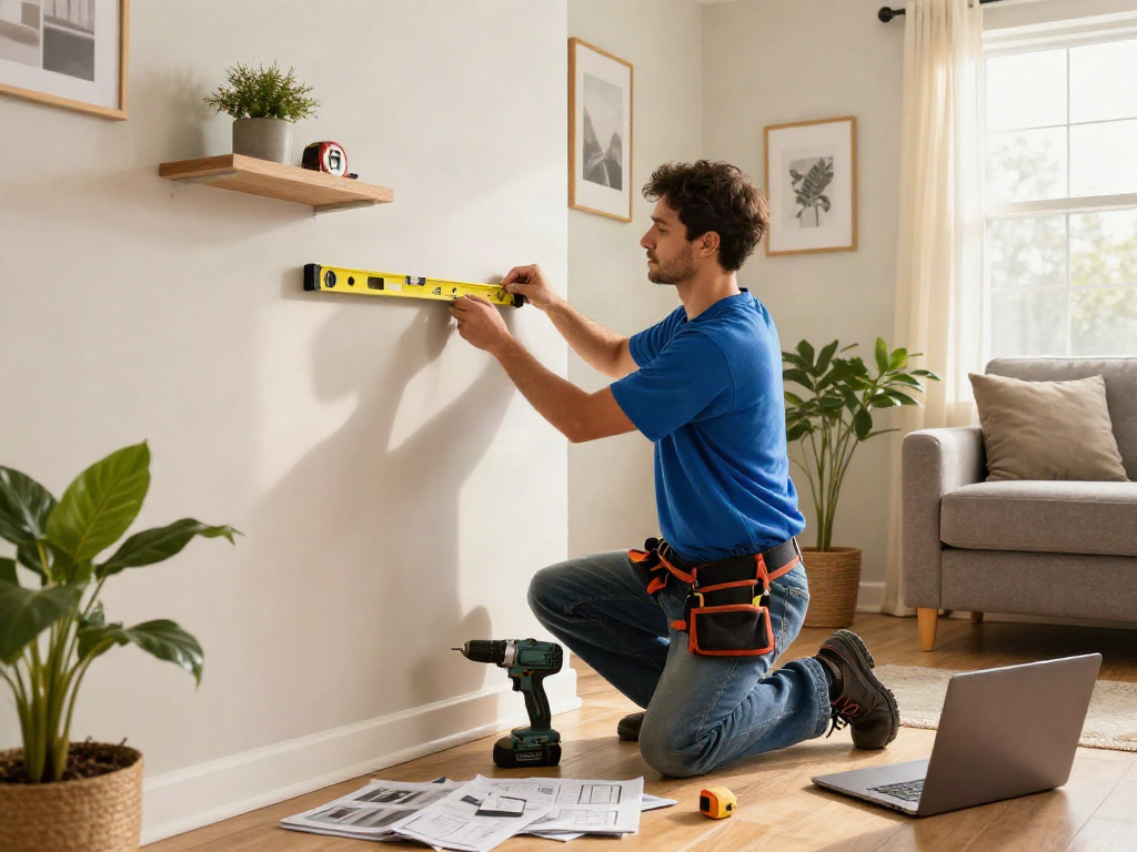 Professional home repair services Des Moines Iowa in a sunny living room with handyman measuring wall.