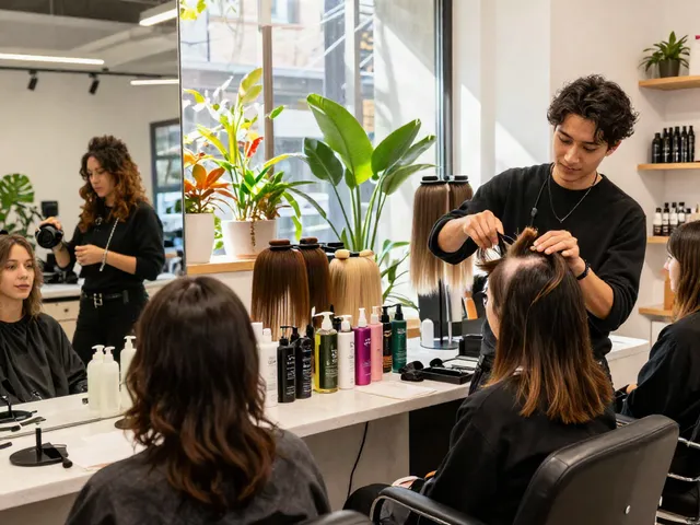 Client trying hair toppers for a natural look in a trendy salon
