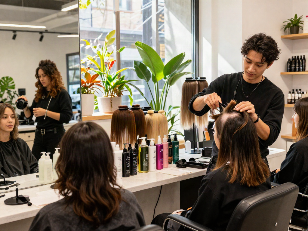 Client trying hair toppers for a natural look in a trendy salon