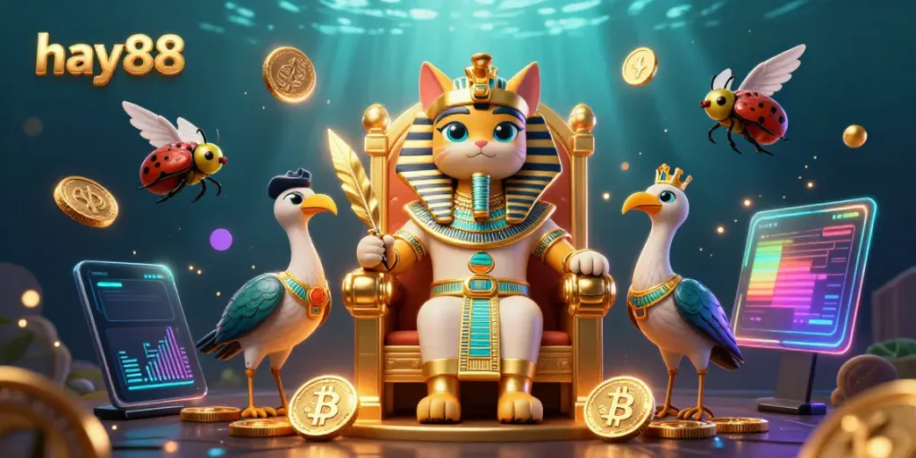 Engage in thrilling gaming experiences with hay88's Egyptian-themed casino world, showcasing vibrant characters and crypto elements.