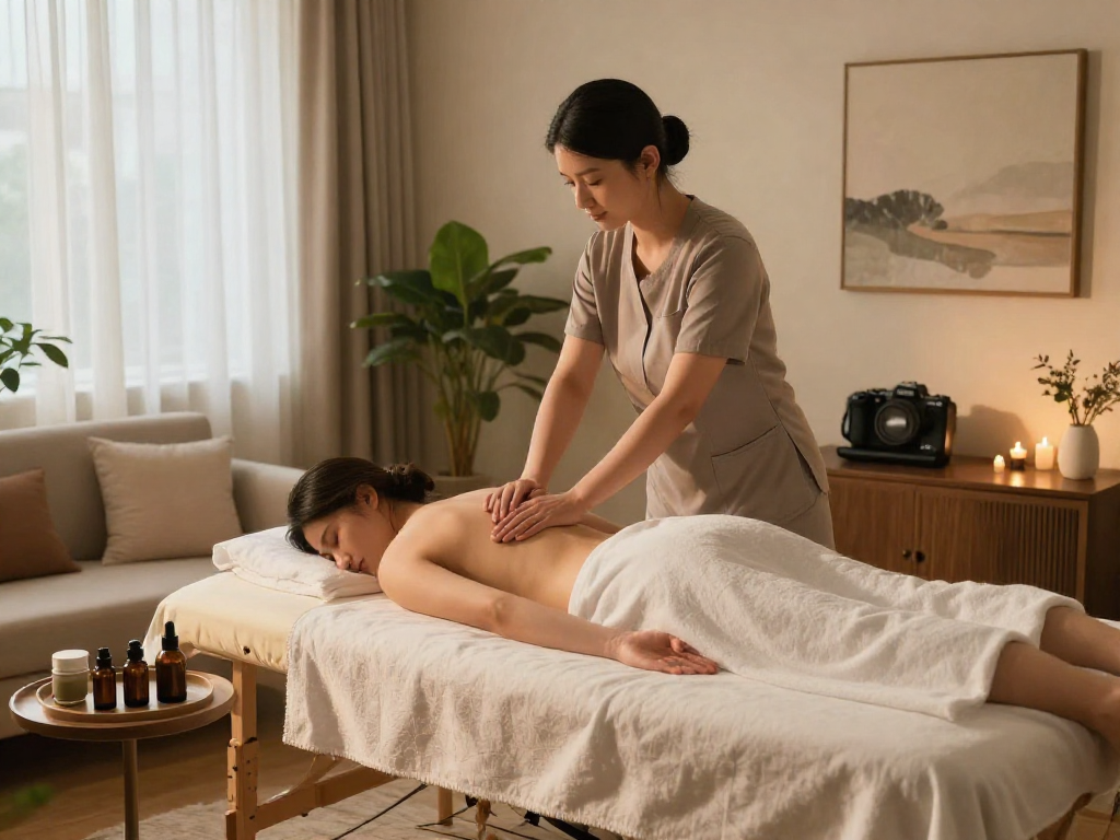 출장마사지 experience in a serene home setting with a professional therapist providing relaxation.