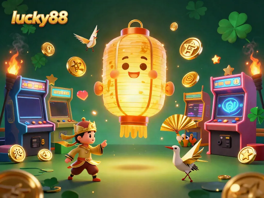 Experience the excitement of lucky88 in a vibrant casino scene with golden lanterns, arcade games, and lucky symbols.