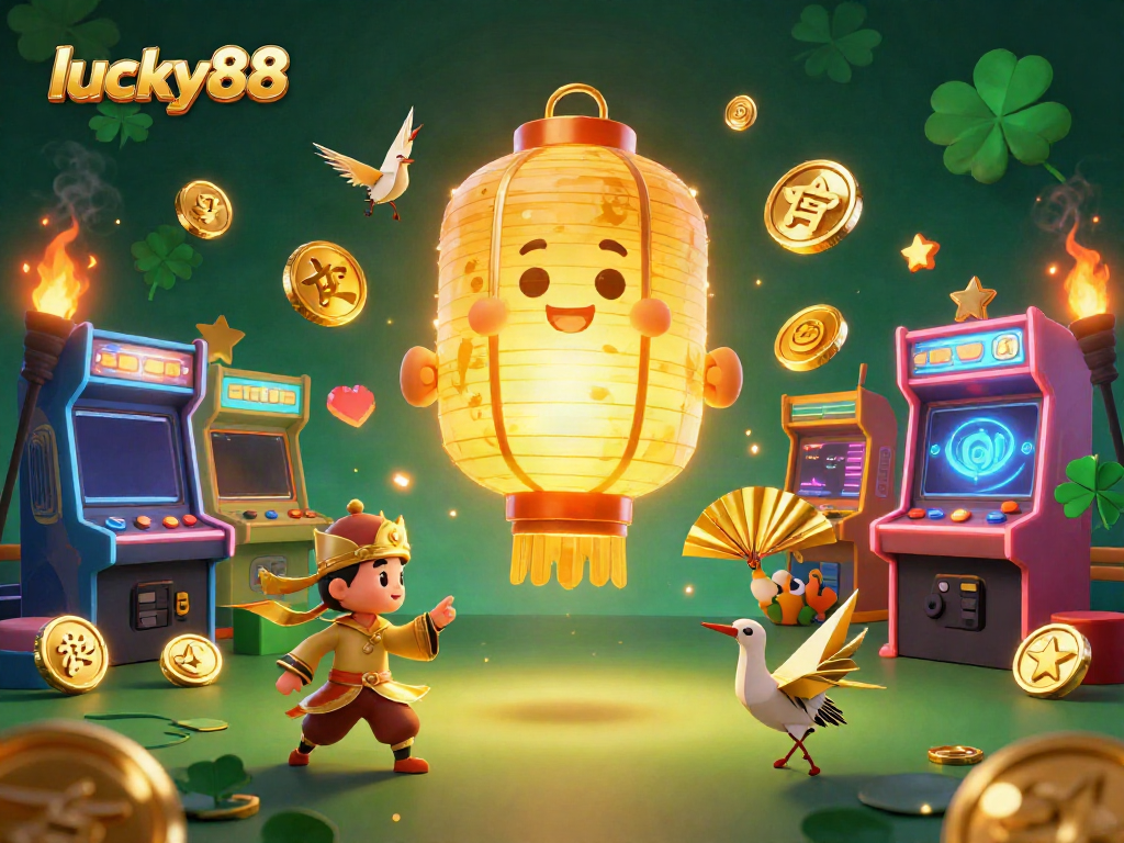 Experience the excitement of lucky88 in a vibrant casino scene with golden lanterns, arcade games, and lucky symbols.