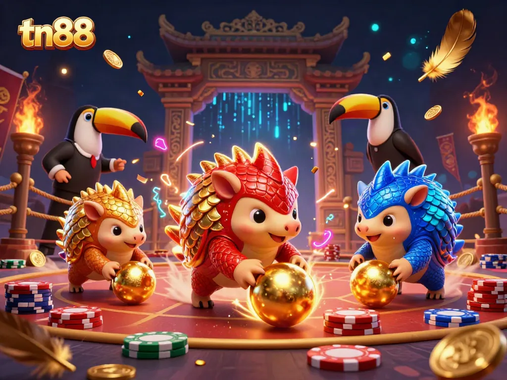 Engaging visual of tn88, featuring playful pangolins in a dynamic gaming scene with casino elements.