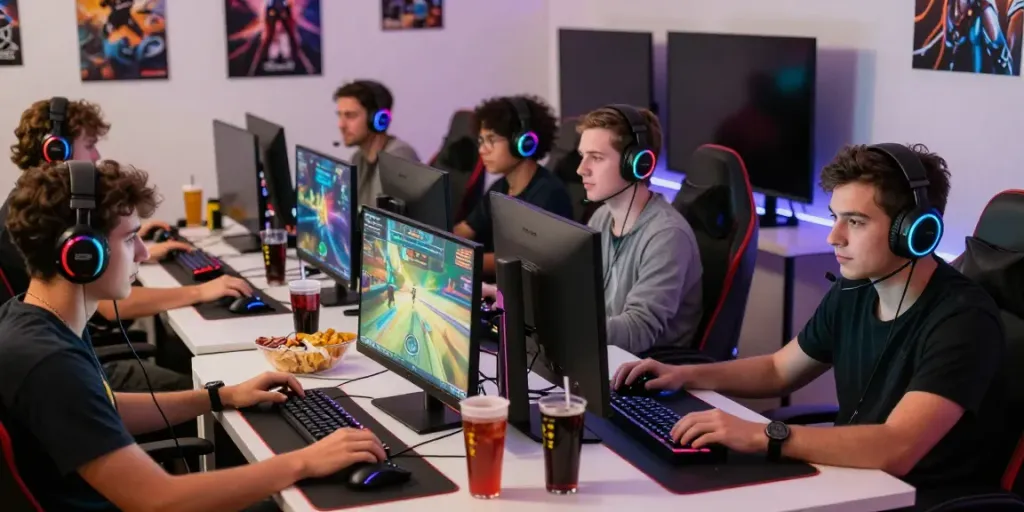 Group gaming session with rokok88 link displayed on the screen, showcasing high-tech setups and vibrant atmosphere.