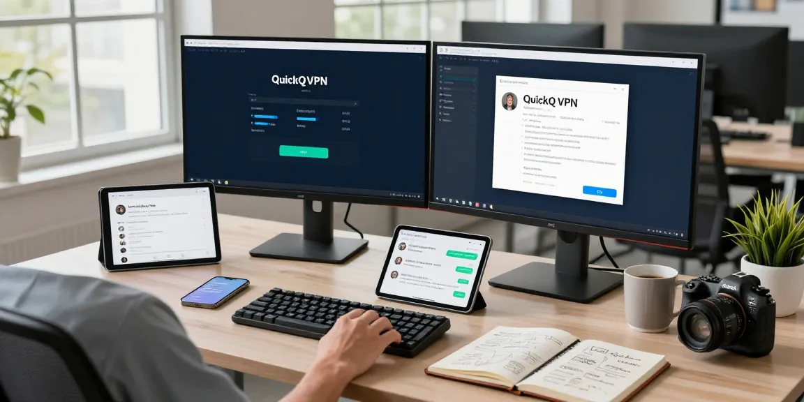 在quickq官网上，现代办公环境下的专业工作空间，展示VPN操作界面。